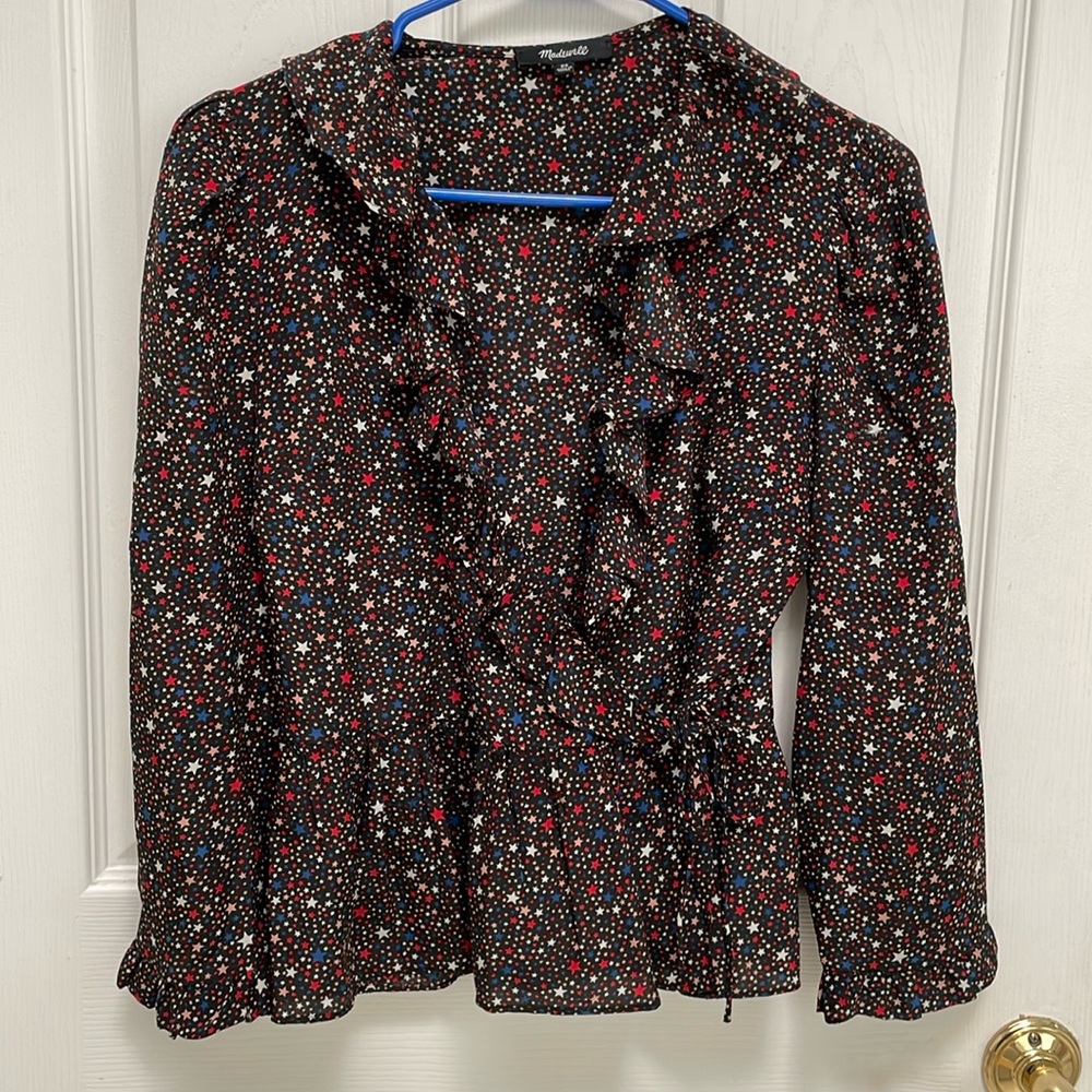 Madewell silk ruffle star print wrap top